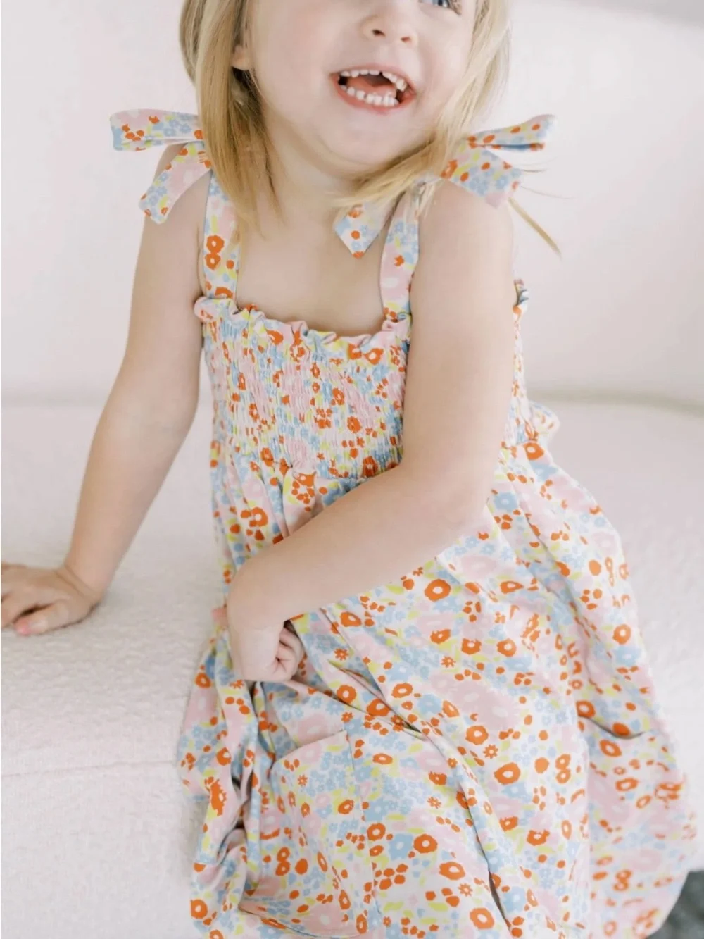 Girls' Floral Tie-Shoulder Summer Dress - Pink Orange Blue